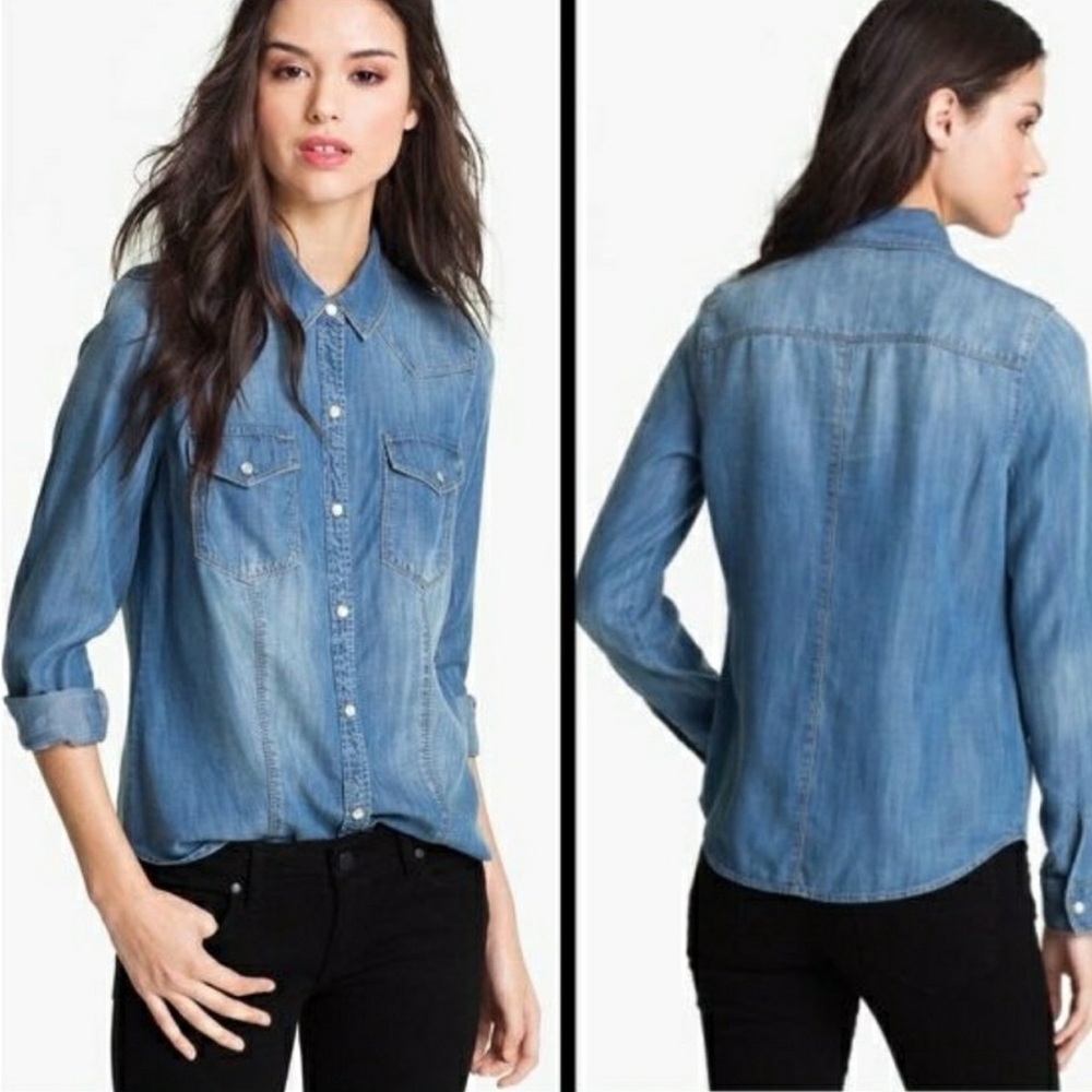 Trouve Chambray Denim Pearl Button Down Shirt